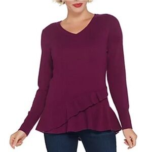 NWOT Isaac Mizrahi 100% Cashmere V-neck Peplum Sweater, Small